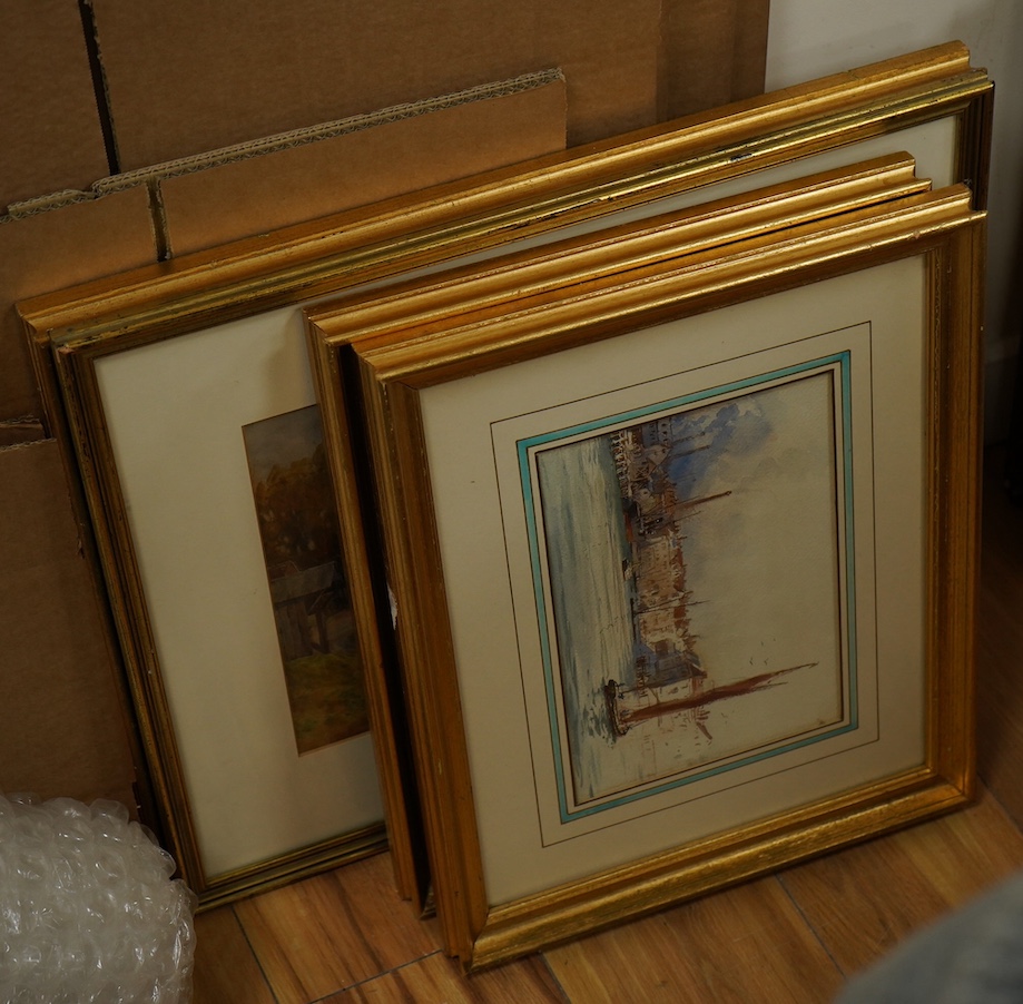 Four early 20th century and later watercolours, to include one by Sam Garratt, Riverscape and a French School watercolour, View of an archway, largest 38 x 25cm. Condition - fair